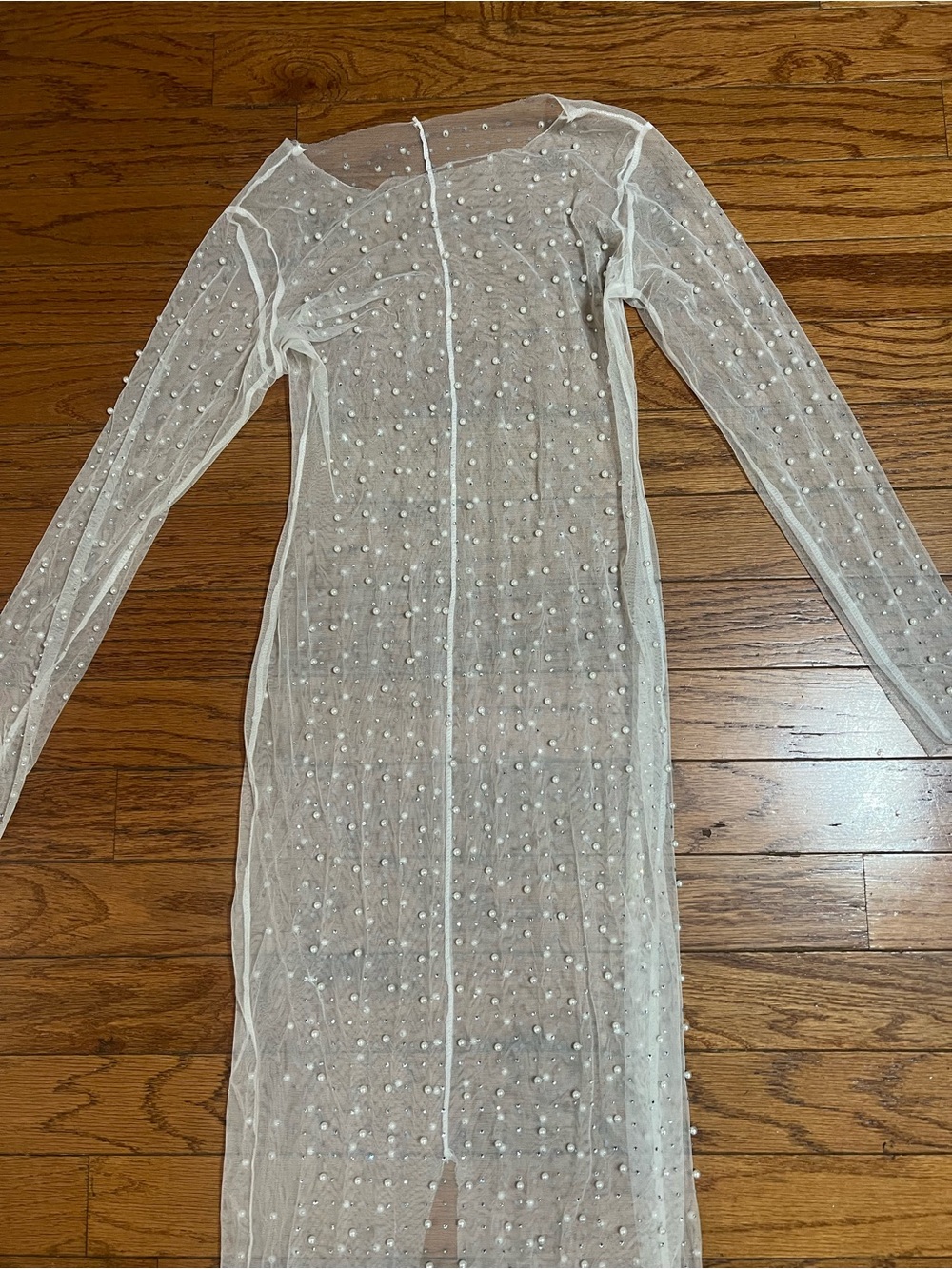 Sheer Pearl-Embellished White Maxi Dress